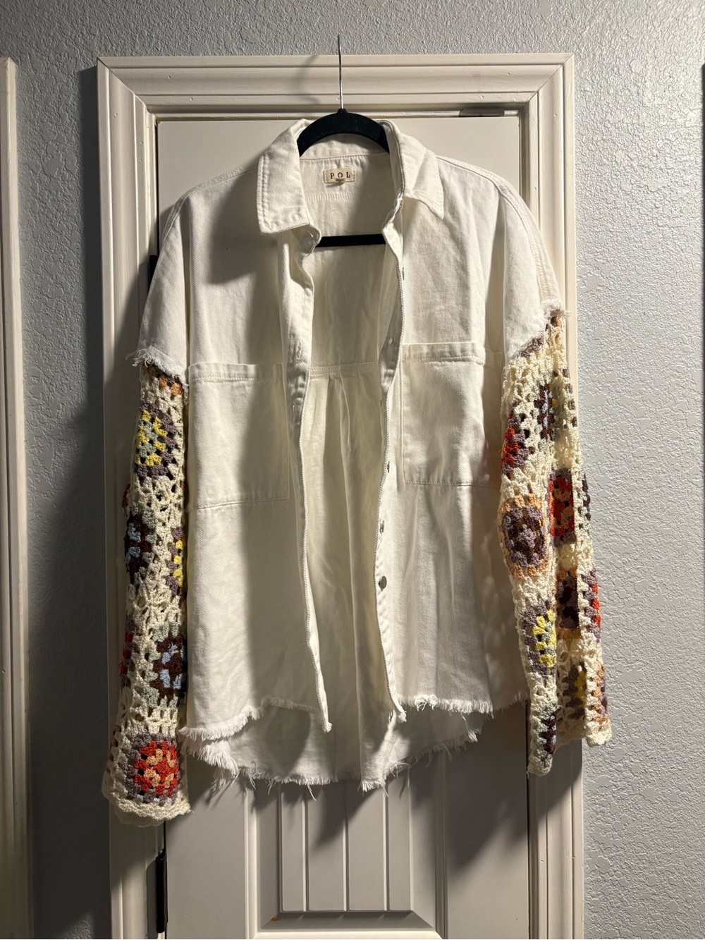 POL Cream Button-Front Jacket with Crochet Multicolor Sleeves Size Small